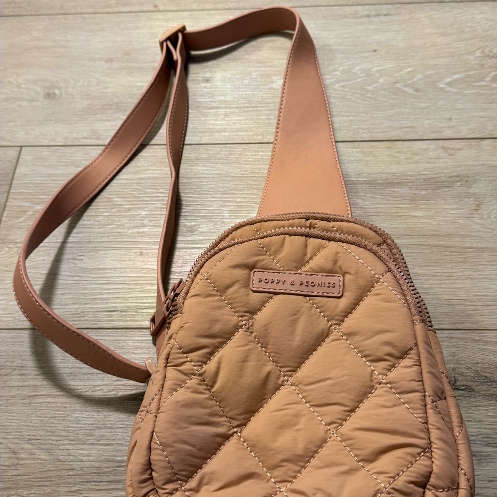 Poppy & Peonies Quilted Tan Crossbody Sling Bag